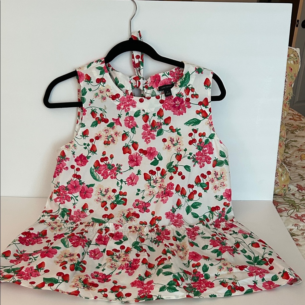 Ann Taylor Womens White Tank Peplum Top with Pink Floral & Red Cherry Print